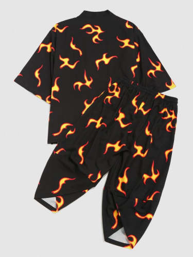 Cropped Pants And Flame Graphic Print Kimono Cardigan Shirt Set