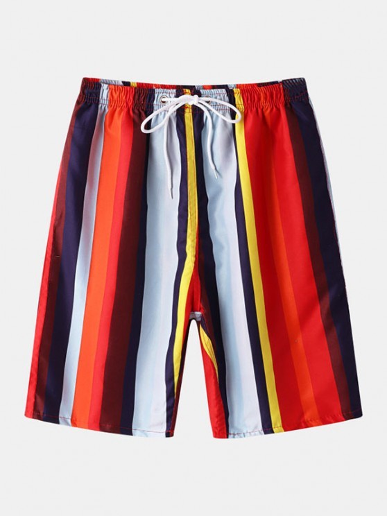 Colored Striped Front Pocket Shirt And Drawstring Shorts Set