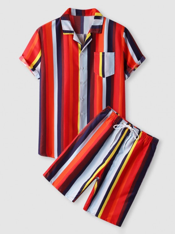 Colored Striped Front Pocket Shirt And Drawstring Shorts Set