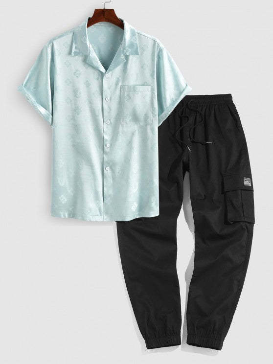 Jacquard Pattern Shirt And Casual Cargo Pants Set