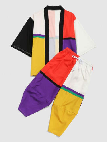 Color Block Kimono Cardigan And Cropped Baggy Pants Set