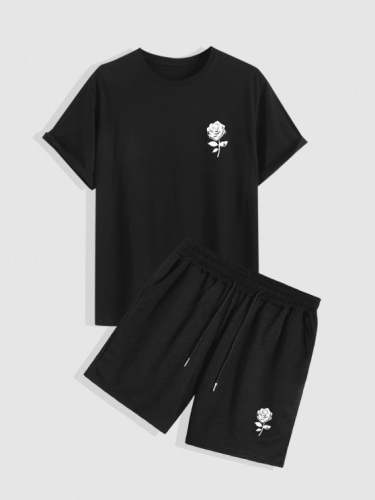 Drawstring Shorts And Rose Print Short Sleeve T Shirt Set