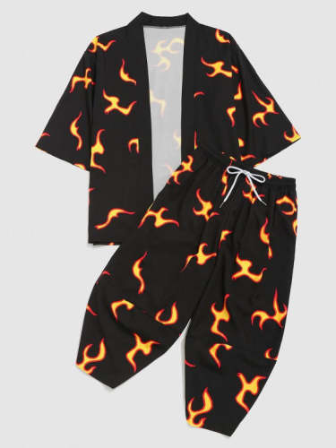 Cropped Pants And Flame Graphic Print Kimono Cardigan Shirt Set