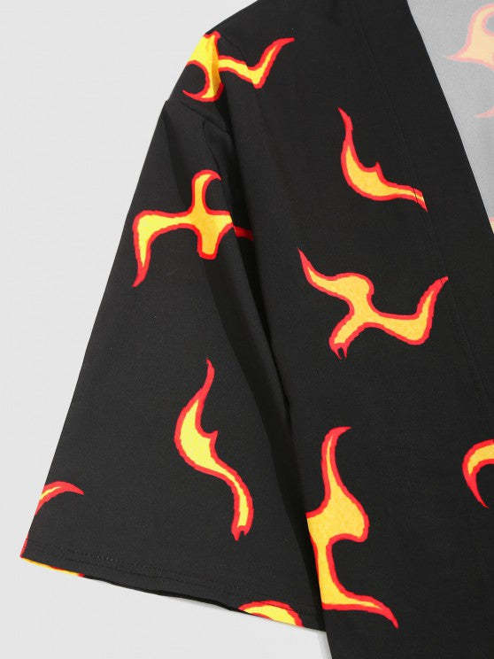 Cropped Pants And Flame Graphic Print Kimono Cardigan Shirt Set