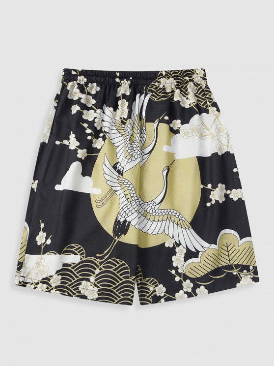 Crane And Floral Sun Print Kimono And Drawstring Shorts Set