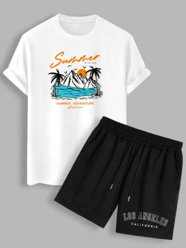 Tree Print T Shirt With Printed Shorts Two Pieces Set