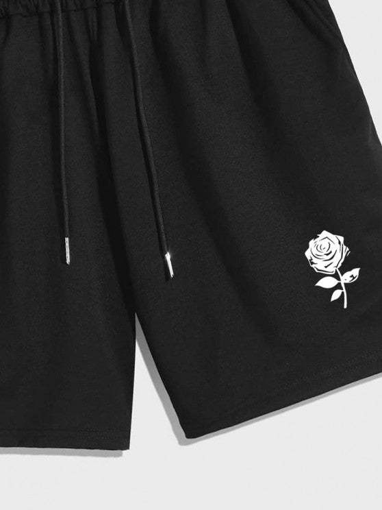 Drawstring Shorts And Rose Print Short Sleeve T Shirt Set