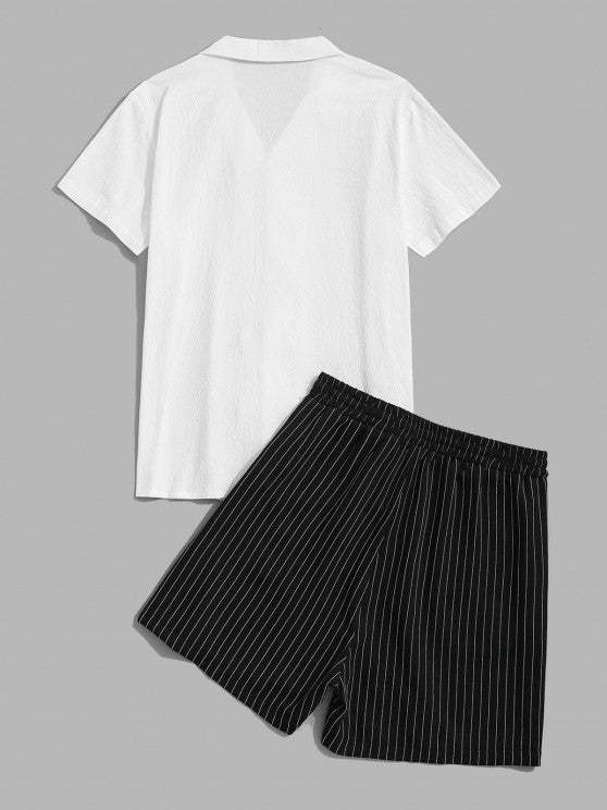 Textured Solid Colored Shirt And Striped Shorts Set