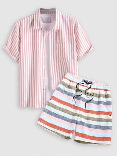 Short Sleeves Vertical Stripe Shirt With Striped Shorts Set