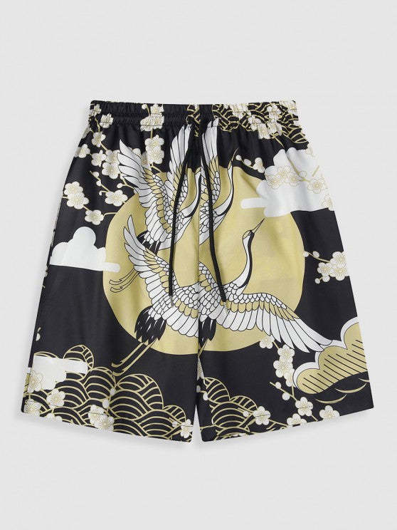 Crane And Floral Sun Print Kimono And Drawstring Shorts Set