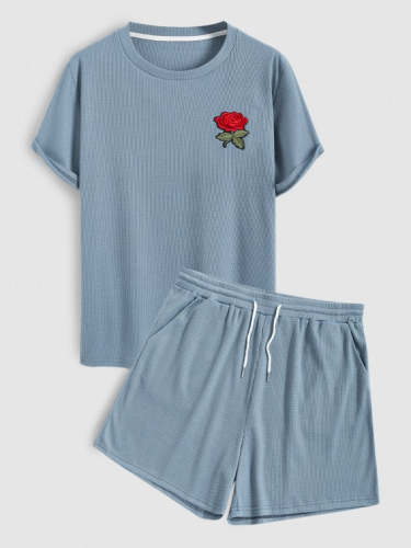Textured Rose Print Shorts Sleeves T Shirt With Shorts Set