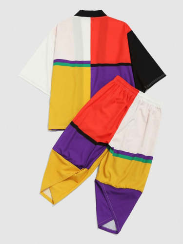 Color Block Kimono Cardigan And Cropped Baggy Pants Set