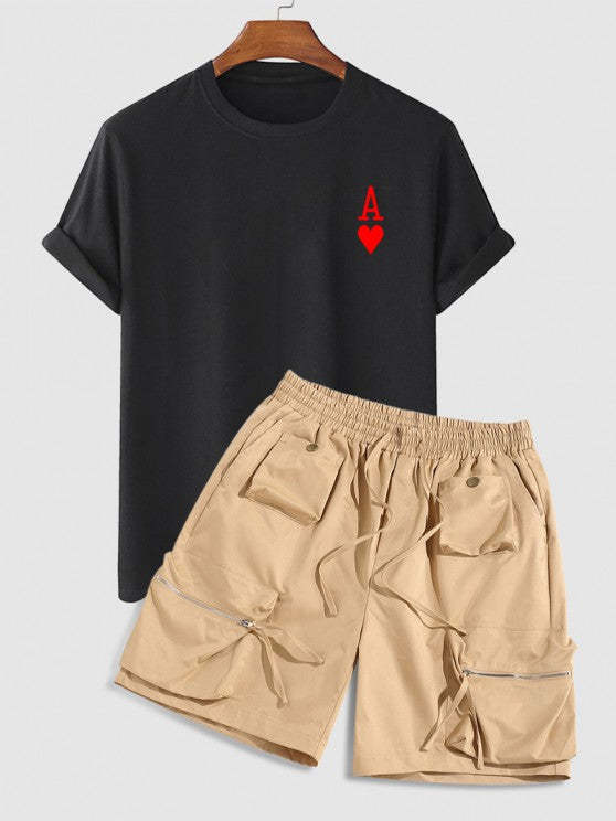 Letter Printed T Shirt And Cargo Shorts Two Piece Set