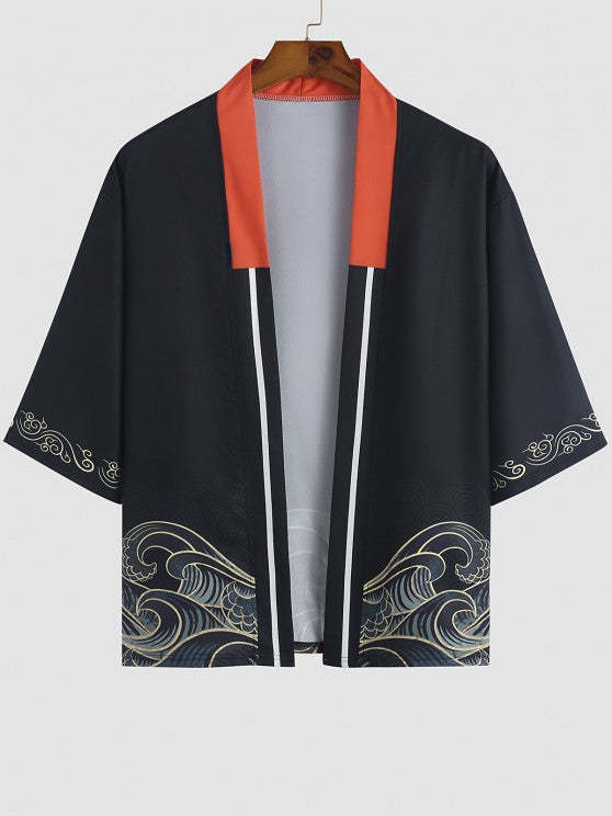 Sea Waves Print Collar Kimono With Beach Shorts Set