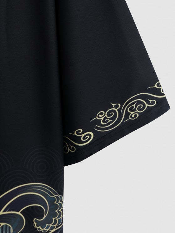 Sea Waves Print Collar Kimono With Beach Shorts Set