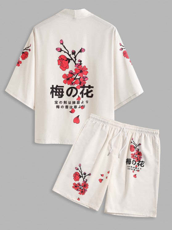 Plum Blossom Print And Board Shorts Set