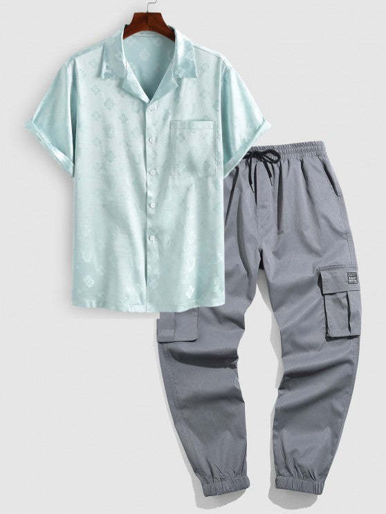 Jacquard Pattern Shirt And Casual Cargo Pants Set