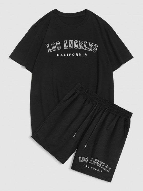Los Angeles Letter Tee And Drawstring Shorts