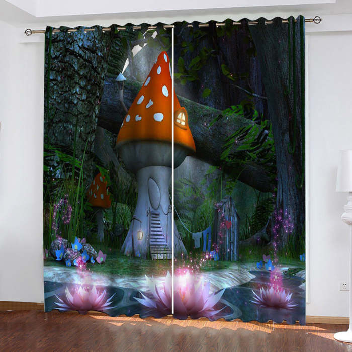 Mushroom House Curtains Pattern Blackout Window Drapes