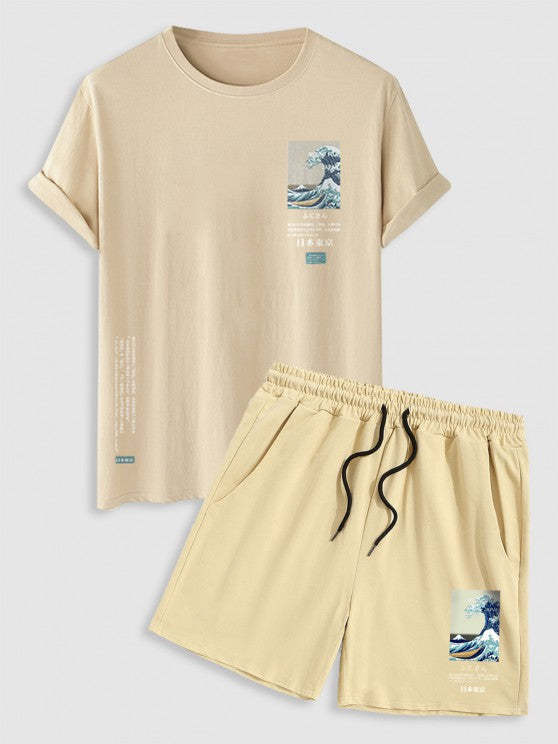 Sea Wave Printed Short Sleeves T Shirt With Drawstring Shorts Set