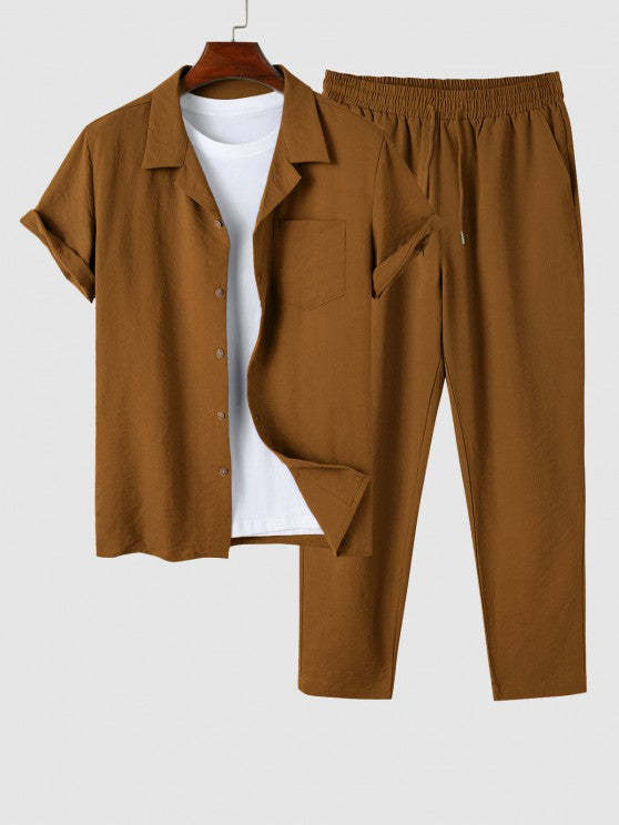 Lapel Collar Button Front Short Sleeve Shirt And Pants