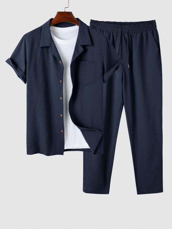 Lapel Collar Button Front Short Sleeve Shirt And Pants
