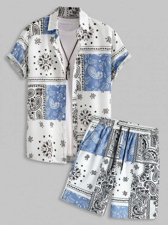 Ethnic Style Sleeves Shirt And Drawstring Shorts Set