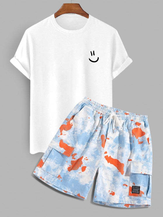 Cartoon Print T-Shirt And Tie Dye Shorts Two Piece Set