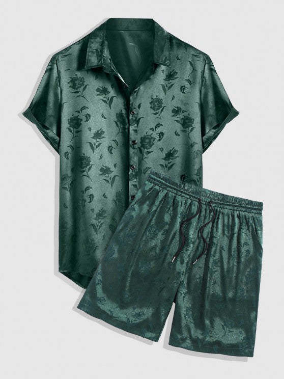 Rose Pattern Short Sleeve Shirt And Shorts Set