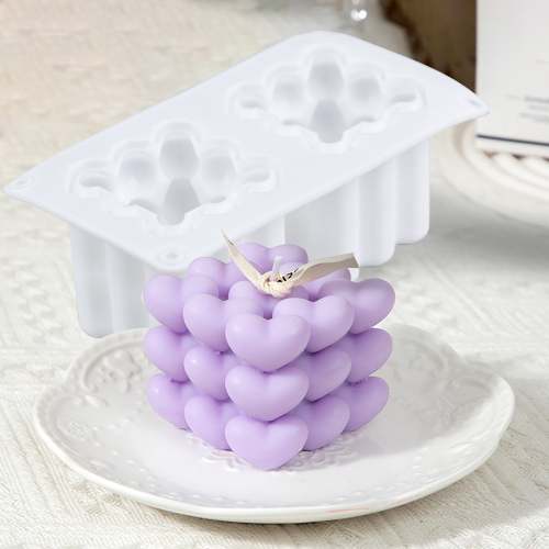 2 Cavity Heart Bubble Cube Candle Molds Silicone Valentine Heart Candle Molds 3D Bubble Molds For Soap Resin