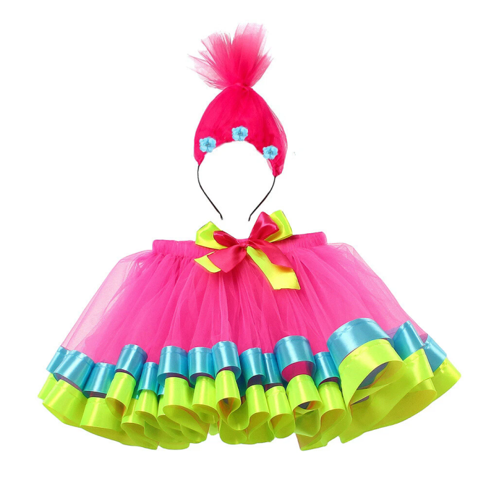 Trolls Princess Poppy Kids Skirt Headband Halloween Cosplay Girls Tutu Skirts