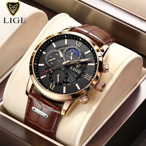 2021 LIGE Watches Mens Top Brand Luxury Clock Casual Leathe 24Hour Moon Phase Men Watch Sport Waterproof Quartz Chronograph+Box