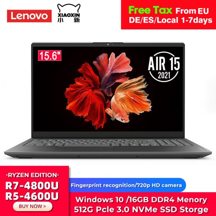 Original Lenovo Xiaoxin Air 15 2021 Laptop Ryzen Edition AMD Ryzen 7 4800U 16GB DDR4 512G PCIe SSD 15.6 Inch Notebook Windows 10