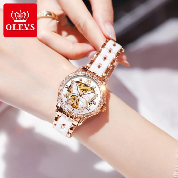 Olevs women's automatic mechanical Waterproof watch Swiss top brand luxury Diamond inlaid rose gold ceramic watch women's gift