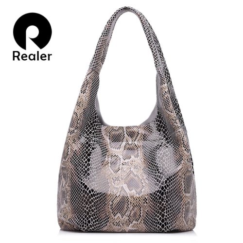 REALER genuine leather handbags large totes classic serpentine prints shoulder bag ladies hobos bags for women top-handle bucket