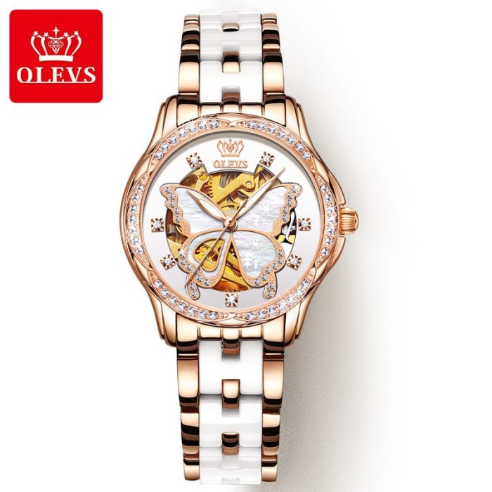 Olevs women's automatic mechanical Waterproof watch Swiss top brand luxury Diamond inlaid rose gold ceramic watch women's gift