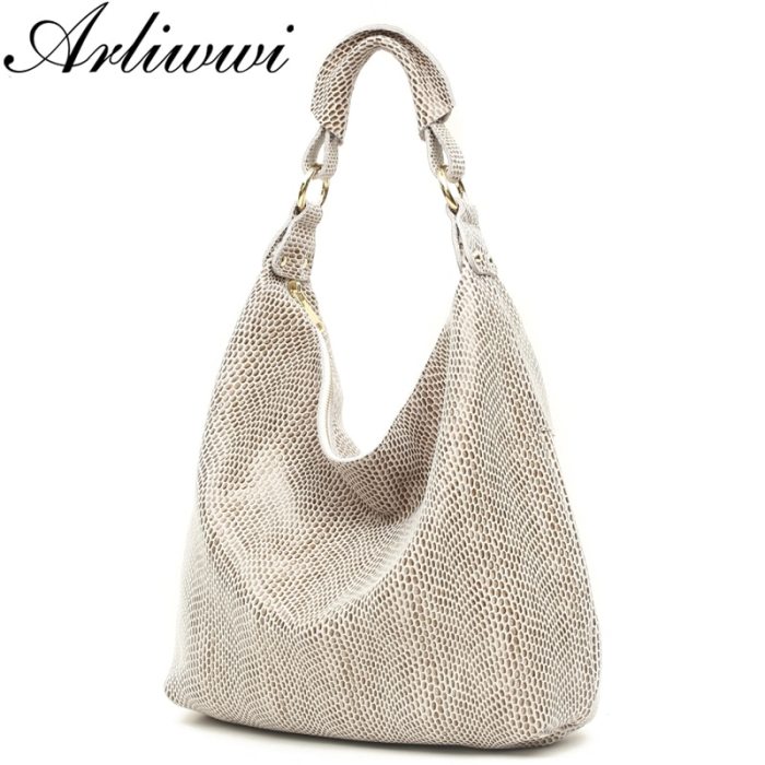 Arliwwi 100% Genuine Leather Shiny Serpentine Shoulder Bags Big Casual Soft Real Snake Embossed Skin Big Bag Handbags Women GB02