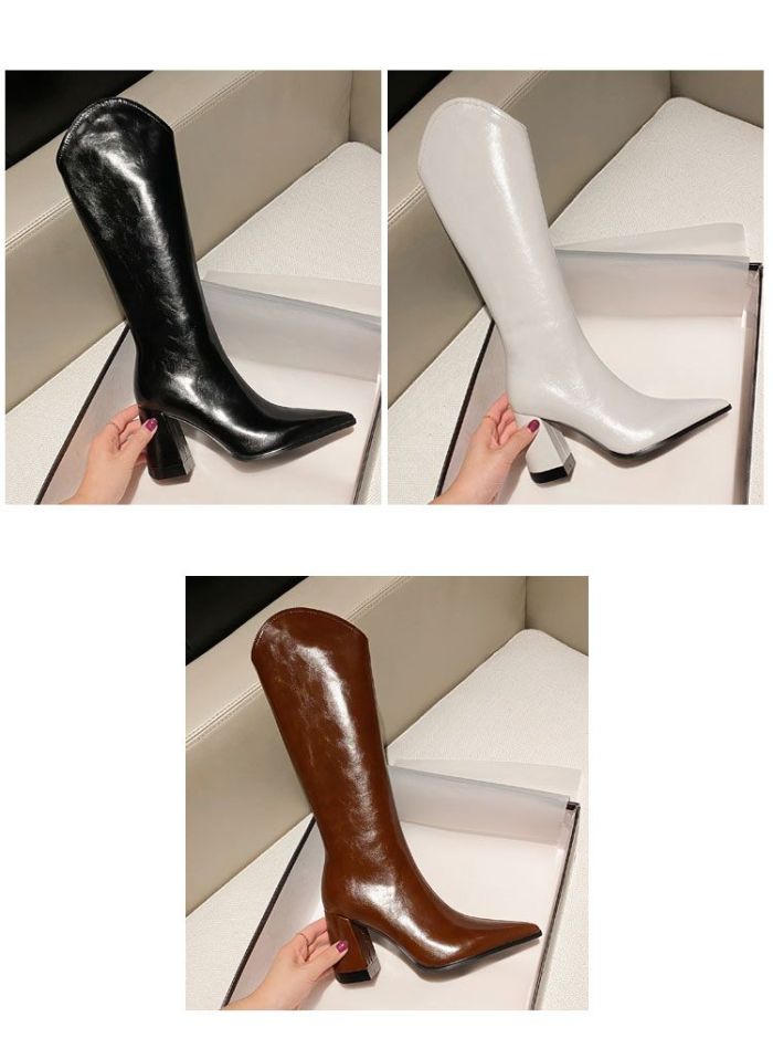 Red Dragonfly Women's Boots Mall the same  white boots women's high heels Knight boots Thick heels pointed western boots