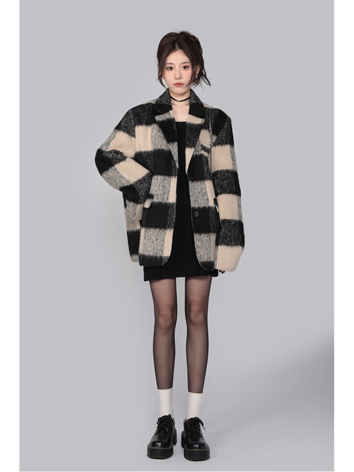 holiday plaid coat female autumn and winter Korean vintage clip cotton silhouette suit style woolen coat