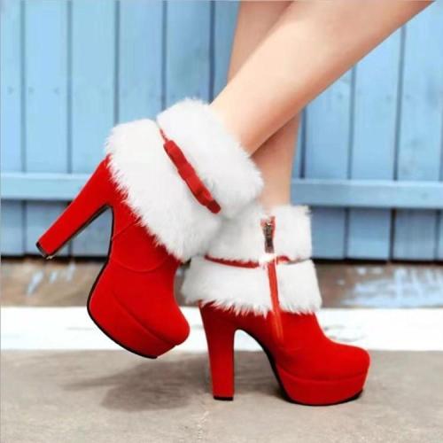 Christmas Red High-heeled Boots And Furry Bow Short Boots