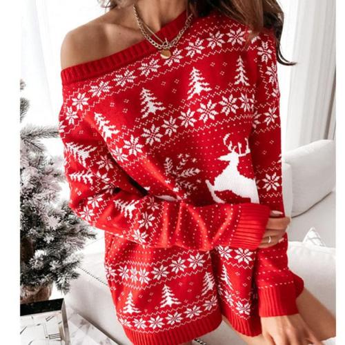 Women's Christmas Knitted Dress Elk Snowflake Print