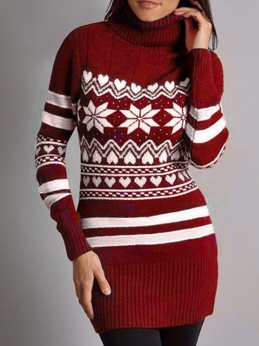 Woman Christmas Snowflake Turtleneck Sweater Dress
