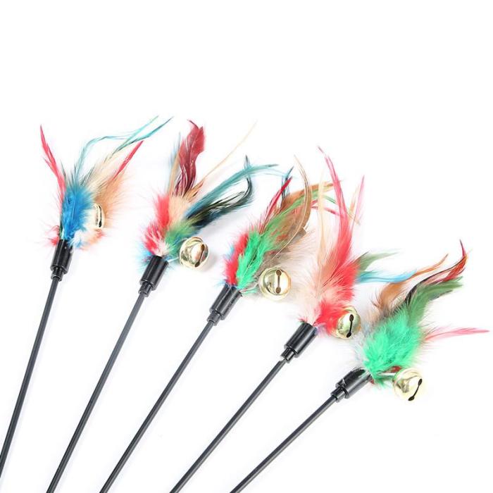 Funny Cat Stick With Colorful Feathers And Bells