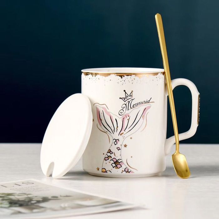 Creative gold edge Mermaid mug with spoon lid