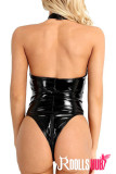Sexy Black Patent Leather One-Piece Mesh Lingerie