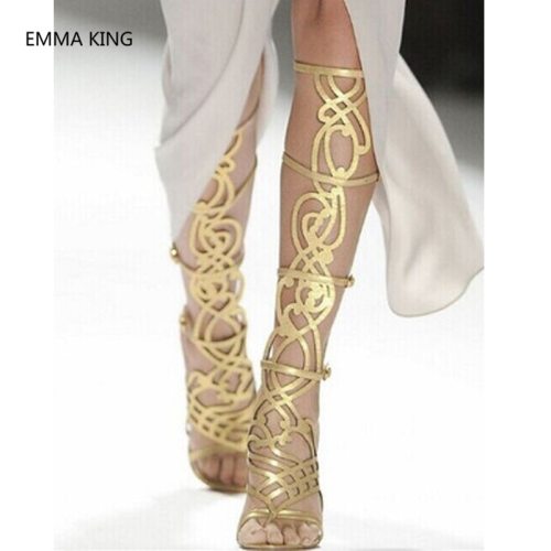 Summer Gold Women Knee High Gladiator Sandals Runway Ladies Shoes Open Toe Cut-Out Sexy Thin High Heels Roman Style Woman Boots
