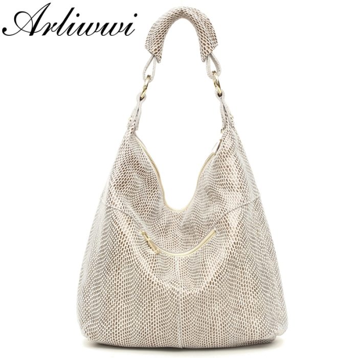 Arliwwi 100% Genuine Leather Shiny Serpentine Shoulder Bags Big Casual Soft Real Snake Embossed Skin Big Bag Handbags Women GB02