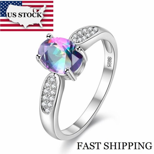 US STOCK Uloveido 6 Colors Rainbow Rings for Women Silver Color Engagement Jewelry Wedding Rings Women's Brincos Size 6-9 Y3170