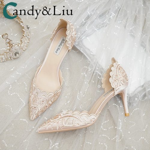 Wedding Shoes Women's 2020 New Bridal Shoes Champagne Can Usually Wear Hollow High Heels Thin Heeled Crystal Wedding Shoes