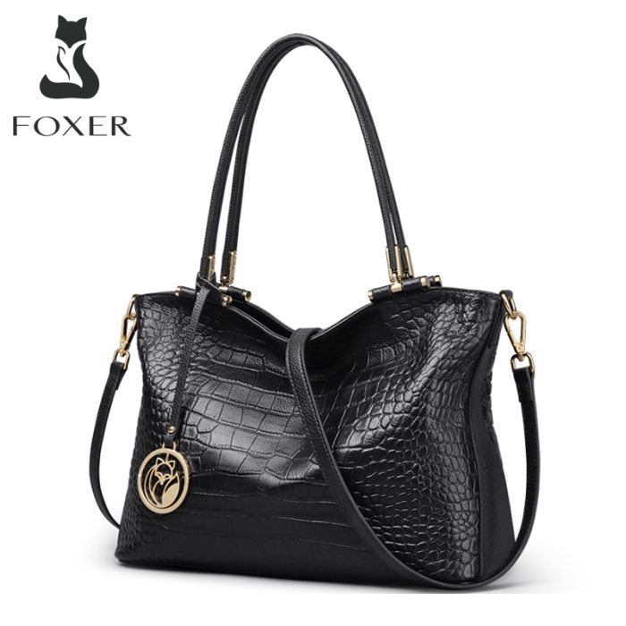 FOXER Women Genuine Leather Handbag Crocodile Pattern Shoulder Bag Lady Fall Winter Bag High Quality Female Commuter Style Tote